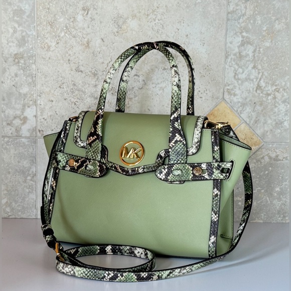Michael Kors Carmen Medium Flap Satchel Shoulder Bag Light Sage Multi - Picture 4 of 12